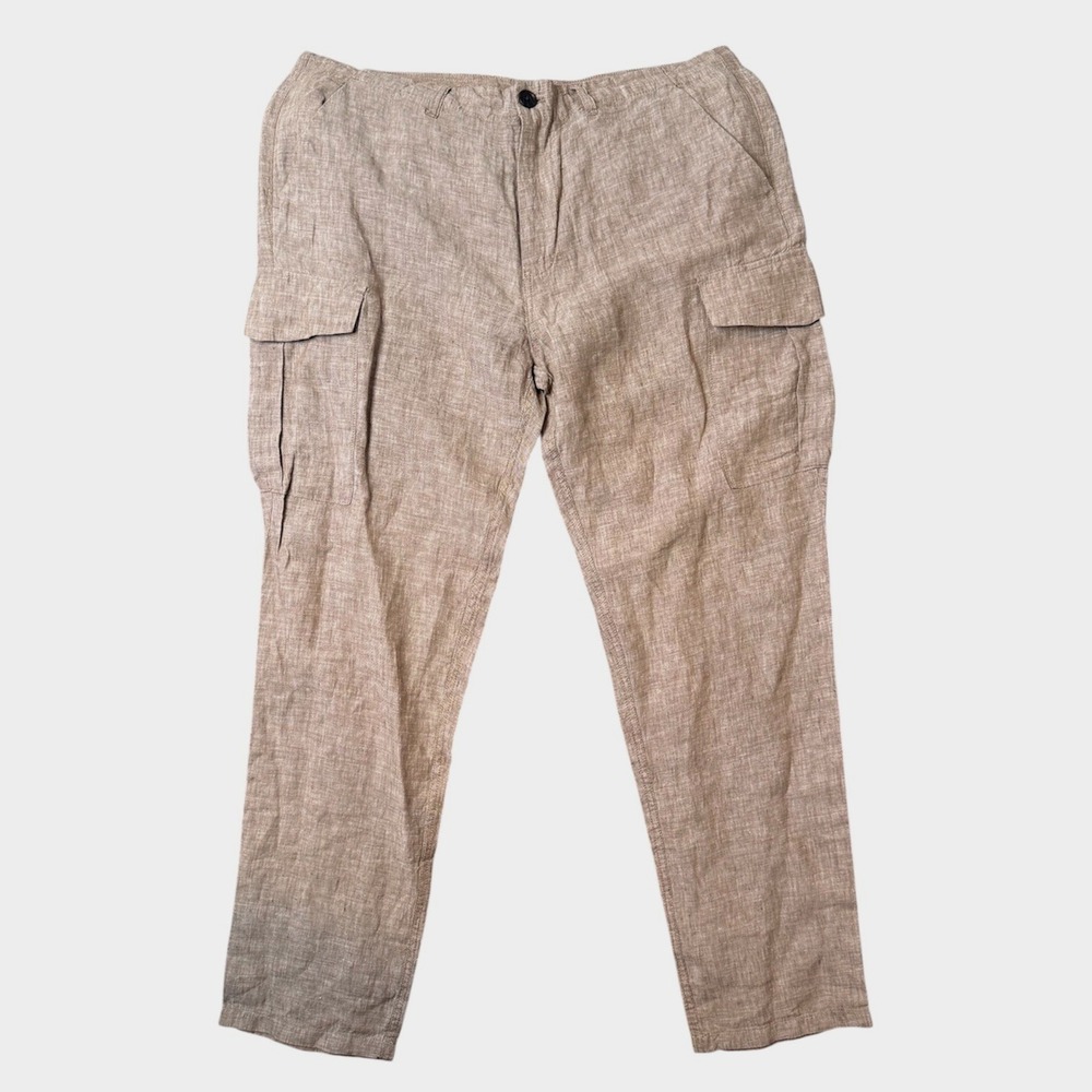 Armani Exchange Cargo Pants Mens 38 Tan Khaki 100% Linen Multi Pocket Utility